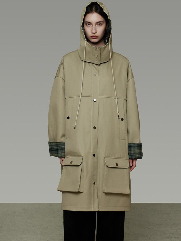 unspoken Breathable Pure Cotton Minimalist Loose Midlength Women Plaid Khaki Trench Coats