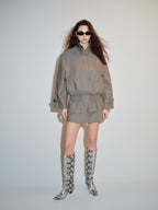 audreyyang Ruched Cotton Mid Length Zip Elastic Hem Long Sleeve Women Gray Cropped Jackets