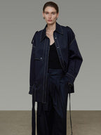 unspoken Vintage Loose Fit Irregular Pocket Detail Women Navy Polyester Trench Coats