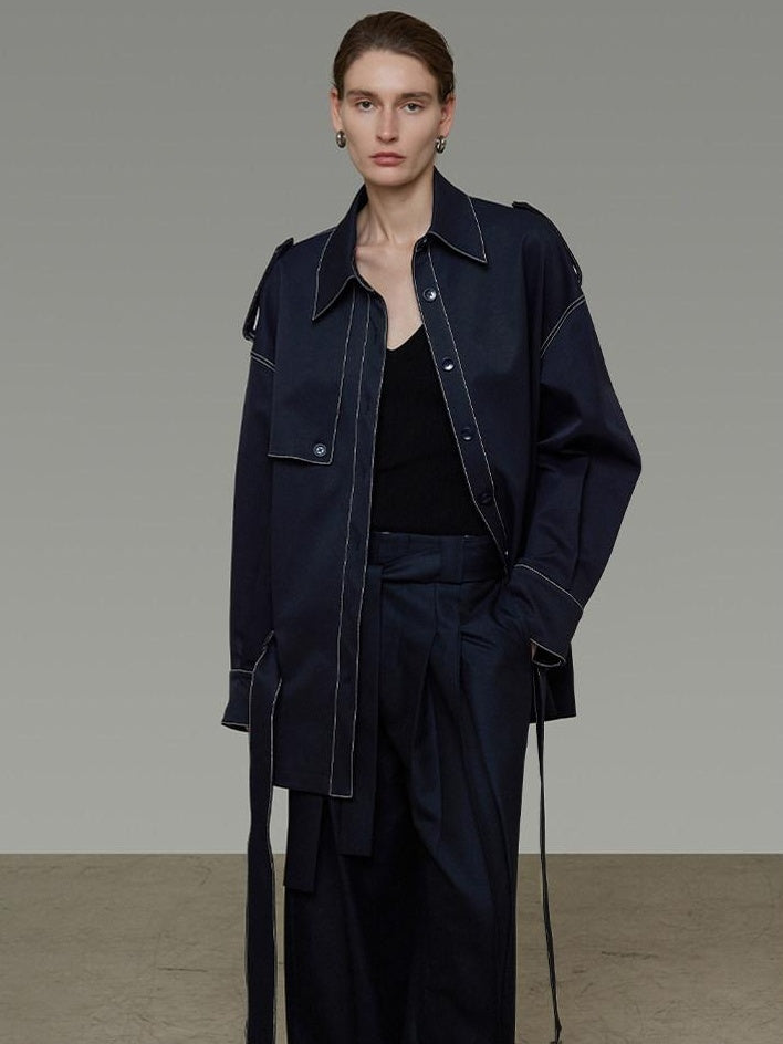 unspoken Vintage Loose Fit Irregular Pocket Detail Women Navy Polyester Trench Coats