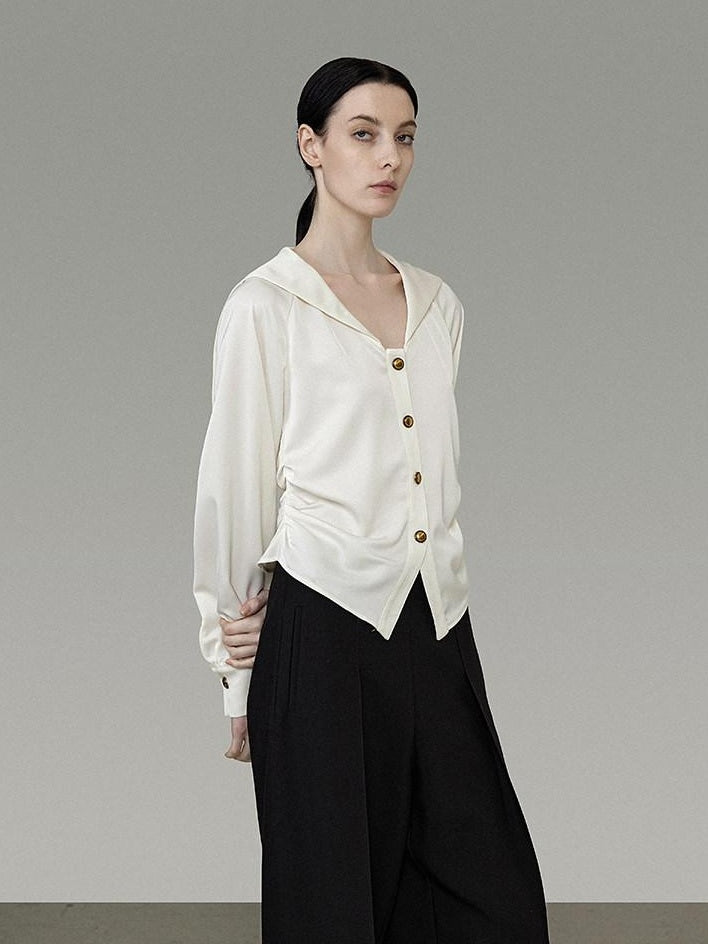 unspoken Cream Polyester Sailor Collar Button Front Loose Fit Office Minimalist Blouses