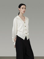 unspoken Cream Polyester Sailor Collar Button Front Loose Fit Office Minimalist Blouses