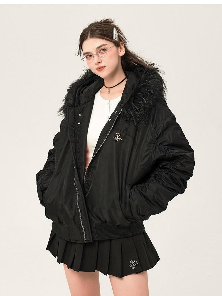 ikyou Insulated Fur Trim Hood Minimalist Straight Cut Urban Warm Nylon Puffer Jackets