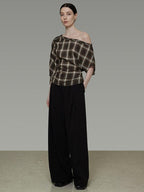 unspoken Breathable Viscose Slim Asymmetric Slant Neck Green Plaid Off Shoulder Crop Tops