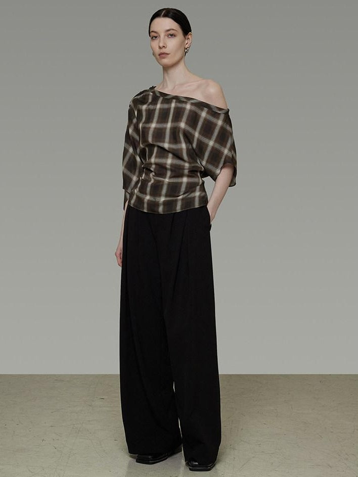 unspoken Breathable Viscose Slim Asymmetric Slant Neck Green Plaid Off Shoulder Crop Tops
