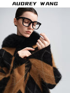 audreyyang Thick Wool Cashmere Vintage Straight Fit Brown Diamond Knit Women Sweaters