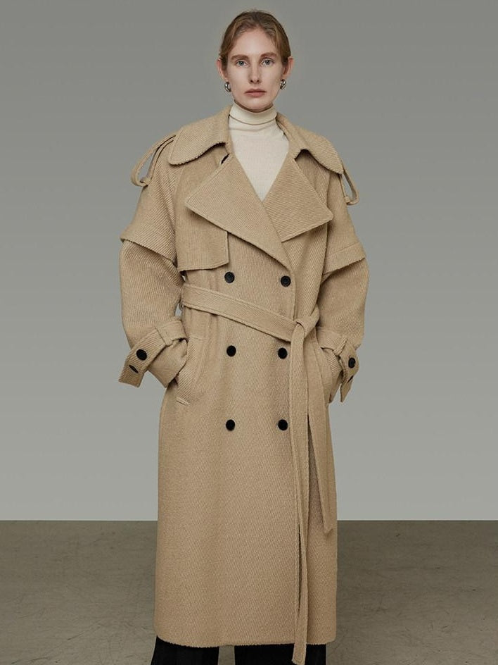 unspoken Elegant Minimal Workwear Oversized Double Breasted Lapel Khaki Wool Coats