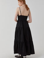 fano High Waist Pleated Minimalist V-neck Sleeveless A Line Cotton Casual Maxi Dresses
