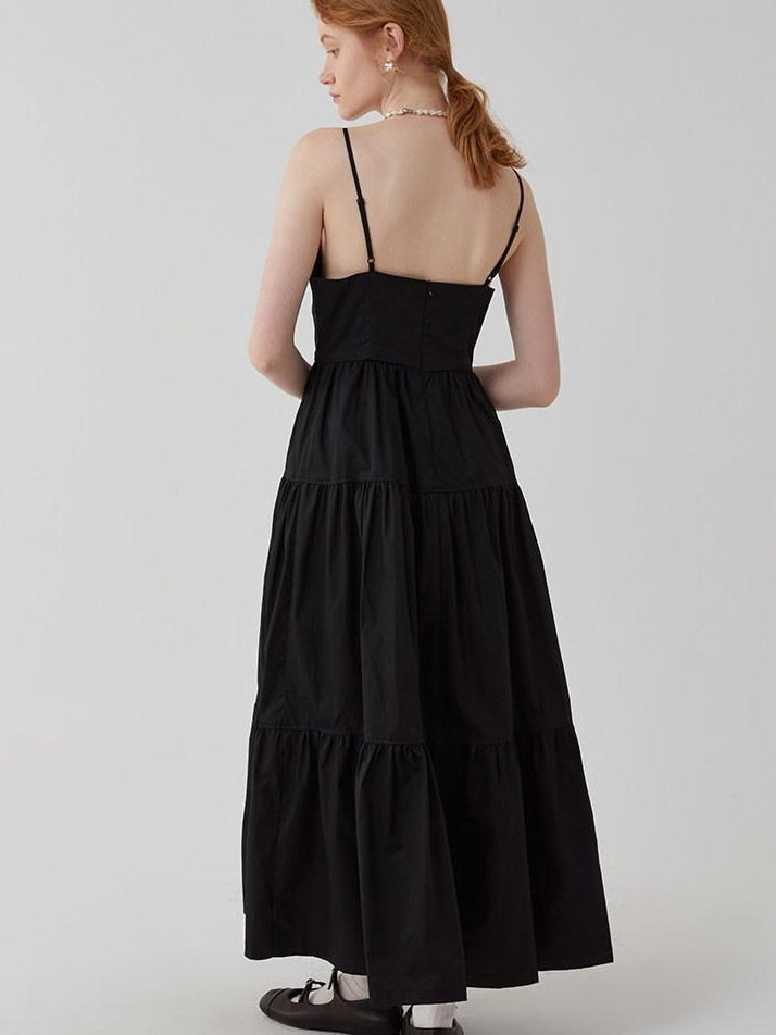 fano High Waist Pleated Minimalist V-neck Sleeveless A Line Cotton Casual Maxi Dresses