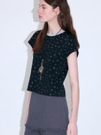 fano Moisture Wicking Slim Fit Korean Crew Neck Printed Black Basic Crop Tops