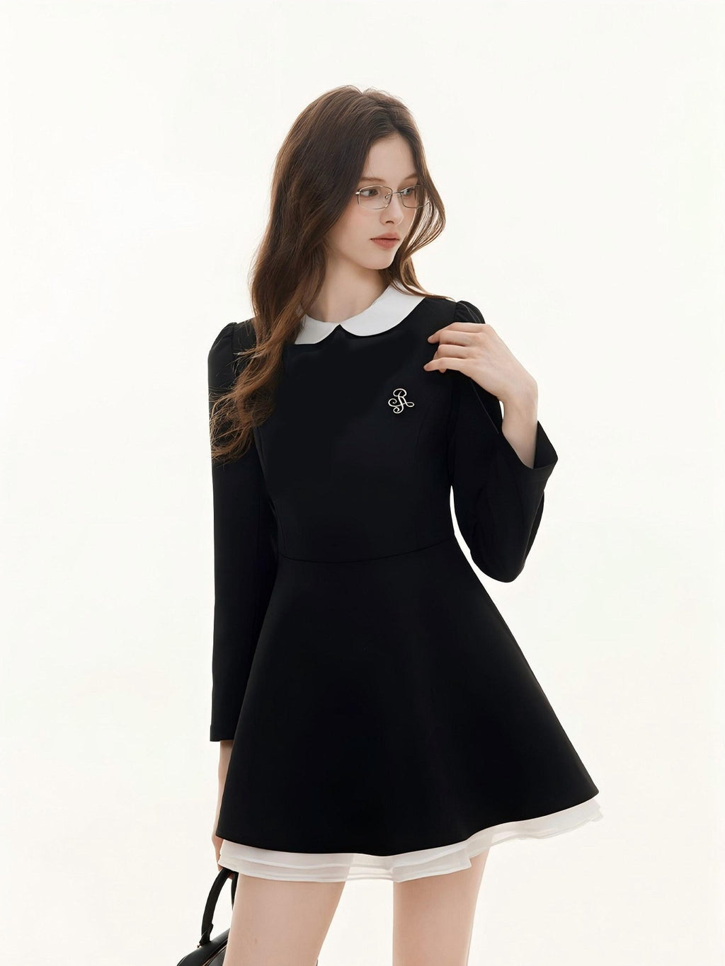 ikyou Elegant Mesh Princess High Waist Doll Collar A Line Black Midi Dresses