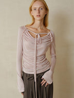 someonesometimes Lyocell Blend Slim Ruched Bell Sleeve Mauve Drape Neck Long Sleeve T-Shirts