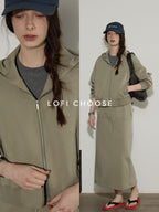Lofi choose Hooded Zip Cardigan Loose Fit Long Sleeve Workwear Light Green Top & Skirt Sets
