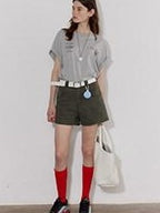 Lofi choose High Waist Distressed Loose Fit Women Zip Washed Green Mid-Length Shorts