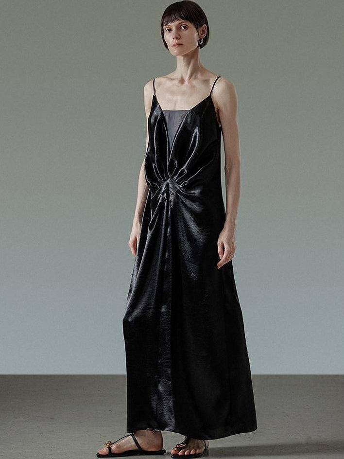 unspoken Satin Minimal V-neck Camisole Natural Waist City Commuter Women Maxi Dresses