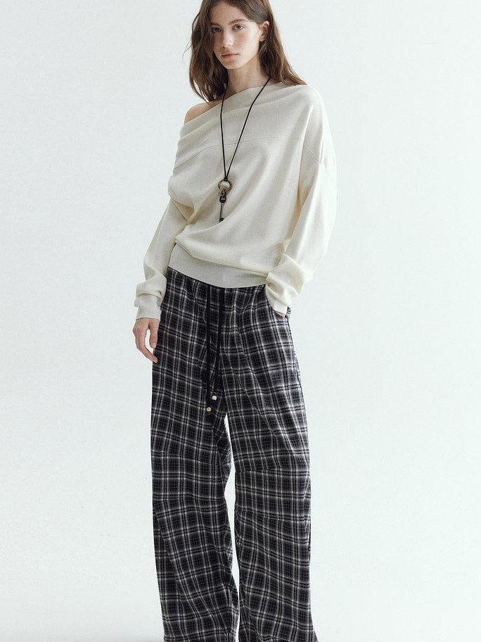 fano Minimalist Office Regular Asymmetric Neck Batwing Sleeve Women Nylon Sweaters