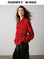 audreyyang Premium Lambskin Loose Fit Lapel Button Women Chinese Red Cropped Jackets