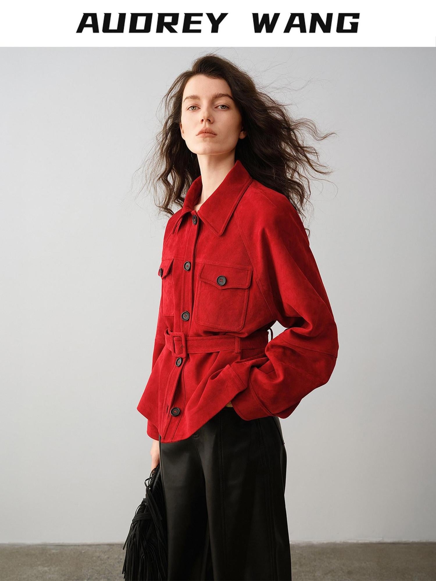audreyyang Premium Lambskin Loose Fit Lapel Button Women Chinese Red Cropped Jackets