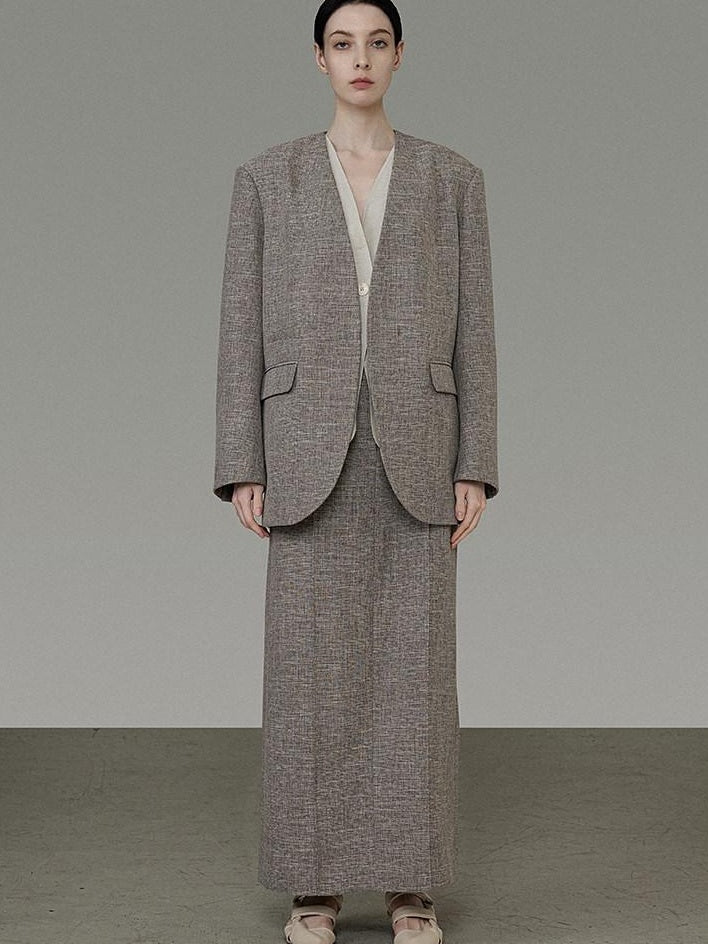 unspoken Minimalist Heather Gray Loose Fit Longsleeve Office Polyester Top & Skirt Sets