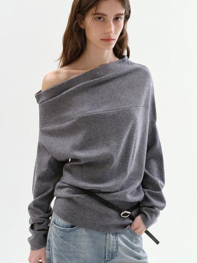 fano Minimalist Office Regular Asymmetric Neck Batwing Sleeve Women Nylon Sweaters
