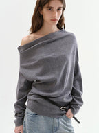 fano Minimalist Office Regular Asymmetric Neck Batwing Sleeve Women Nylon Sweaters