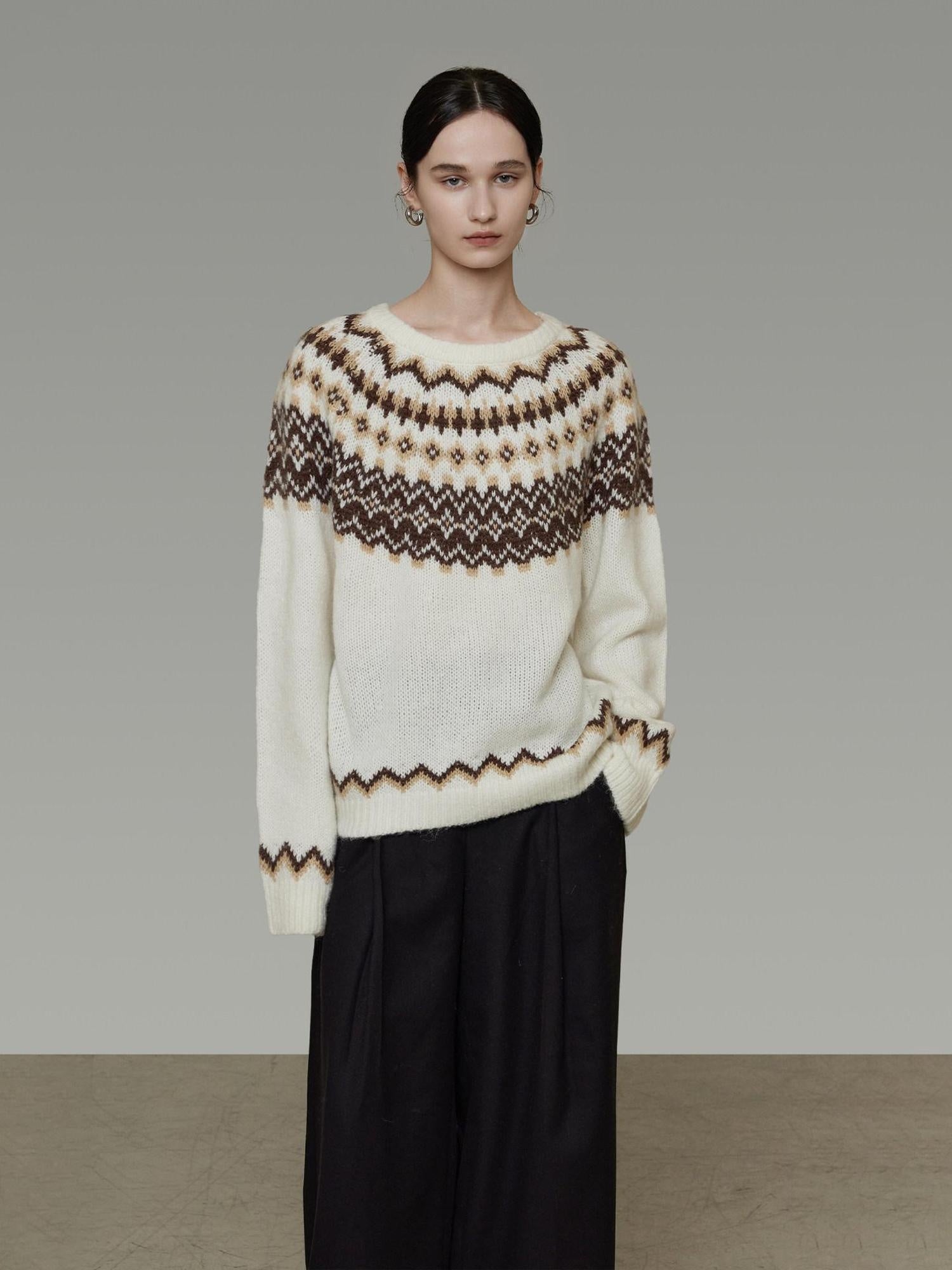 unspoken Warm Colorblock Commuter Loose Fit Crew Neck Pullover Knitwear Beige Sweaters