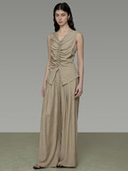 unspoken High Waist Pleated Elastic Workwear Khaki Viscose Wide Leg Pants