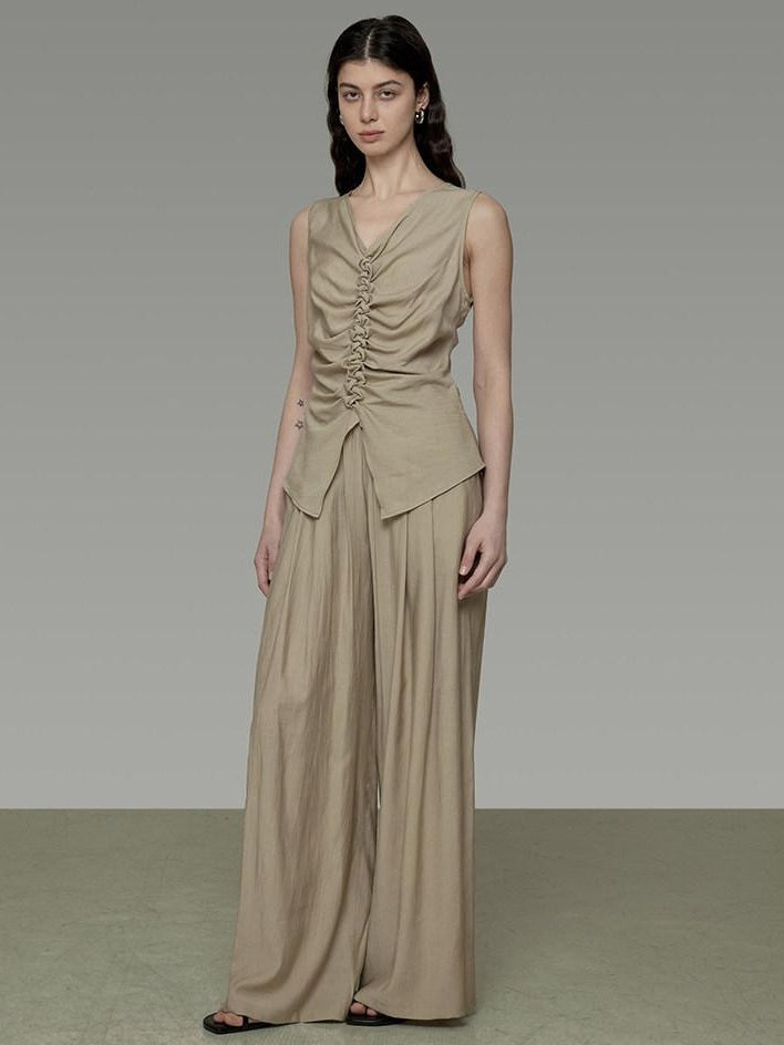 unspoken High Waist Pleated Elastic Workwear Khaki Viscose Wide Leg Pants