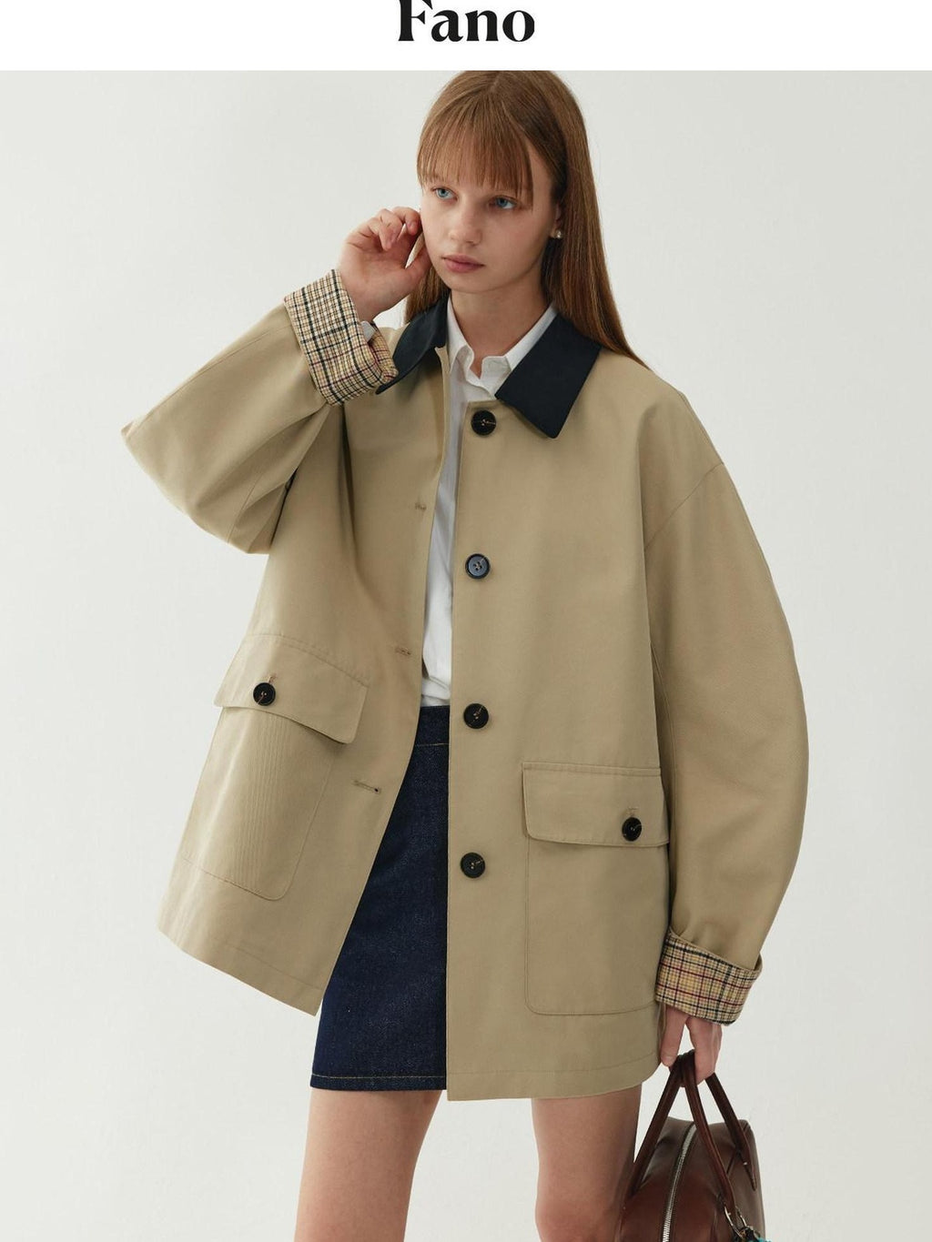 fano Khaki Black Contrast Short Cotton Blend Single Breasted Women Trench Coats