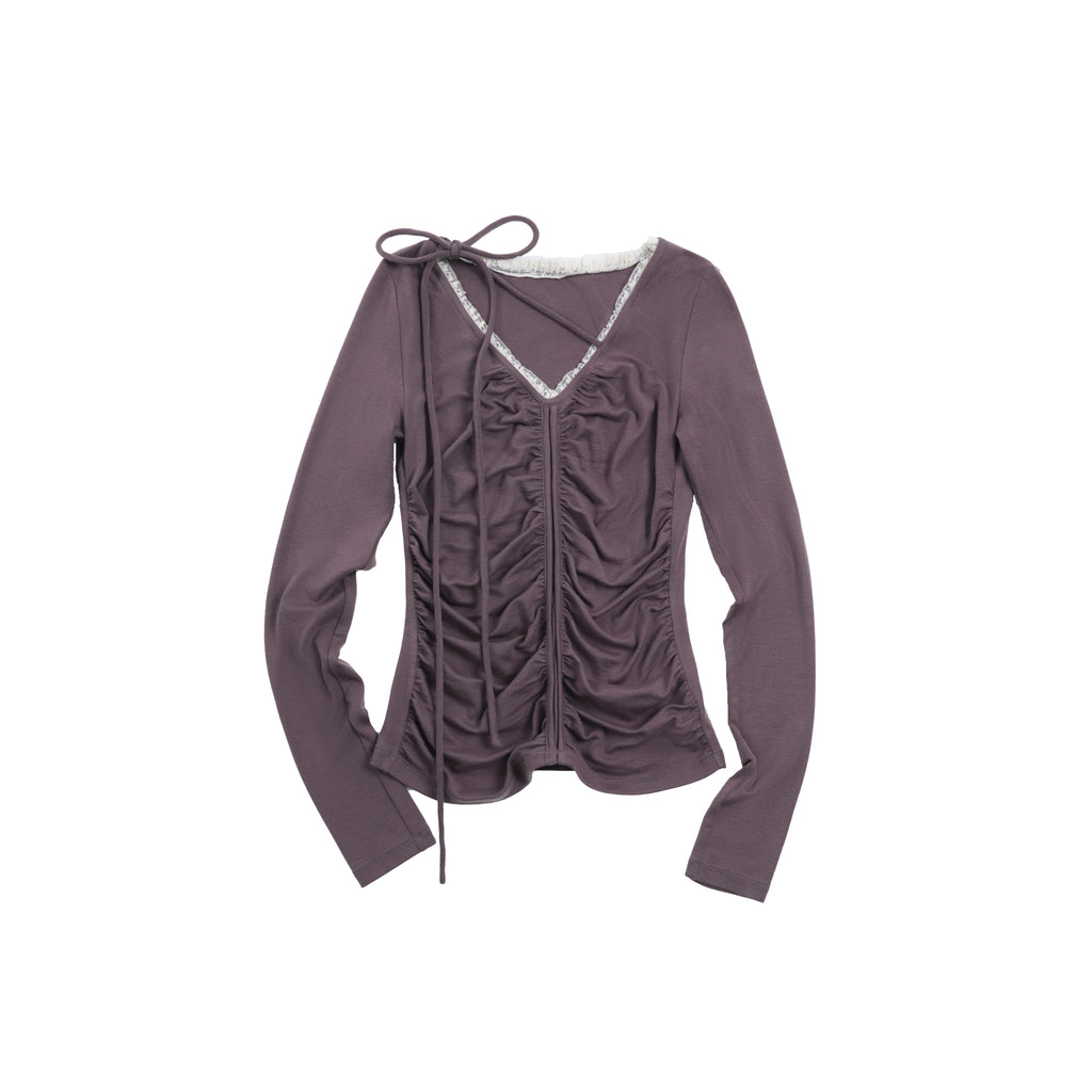 someonesometimes Lyocell Wool Slim Fit V-neck Knit Women Fig Purple Long Sleeve T-Shirts