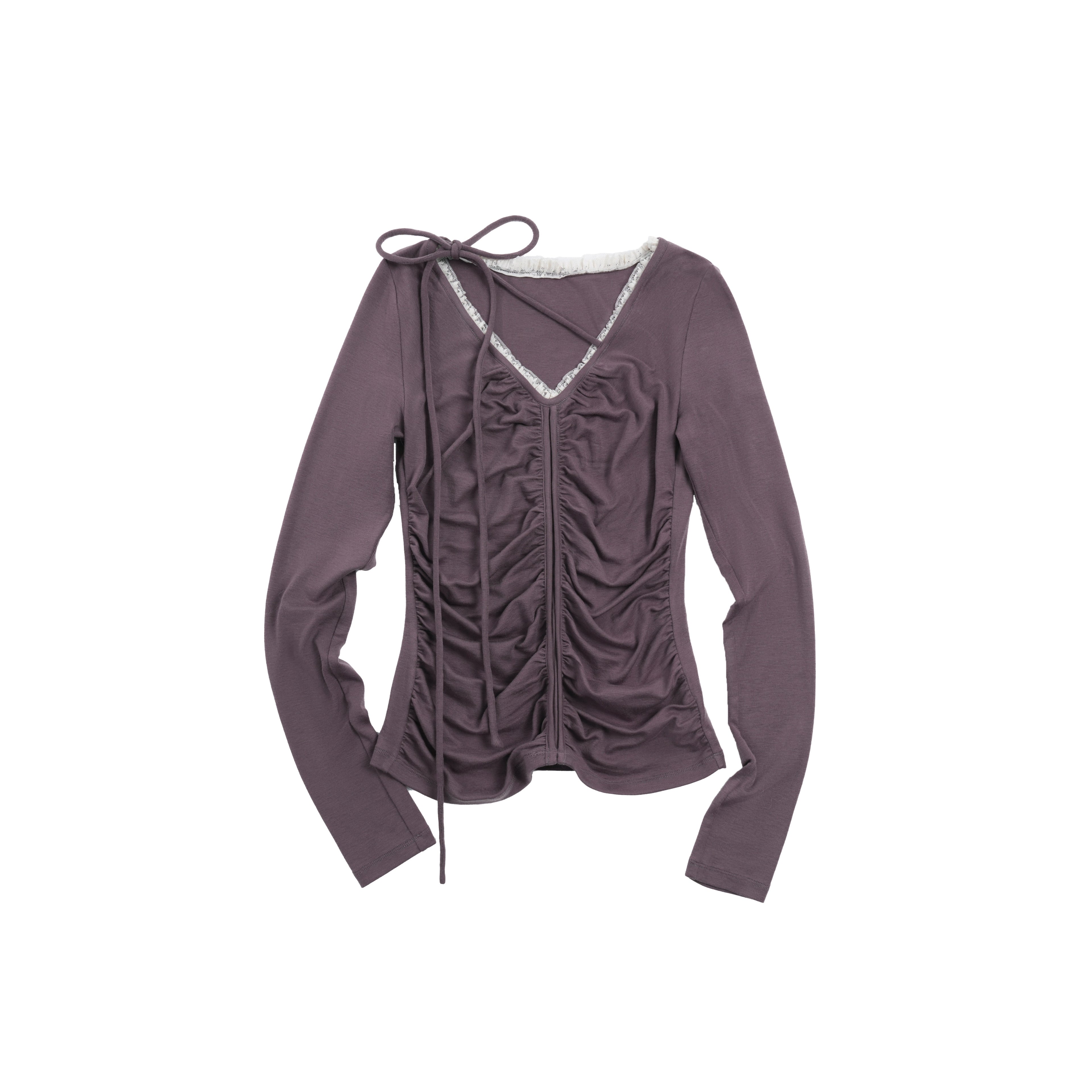 someonesometimes Lyocell Wool Slim Fit V-neck Knit Women Fig Purple Long Sleeve T-Shirts