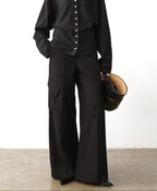 audreyyang High Waist Korean Workwear Black Polyester Viscose Wide Leg Pants