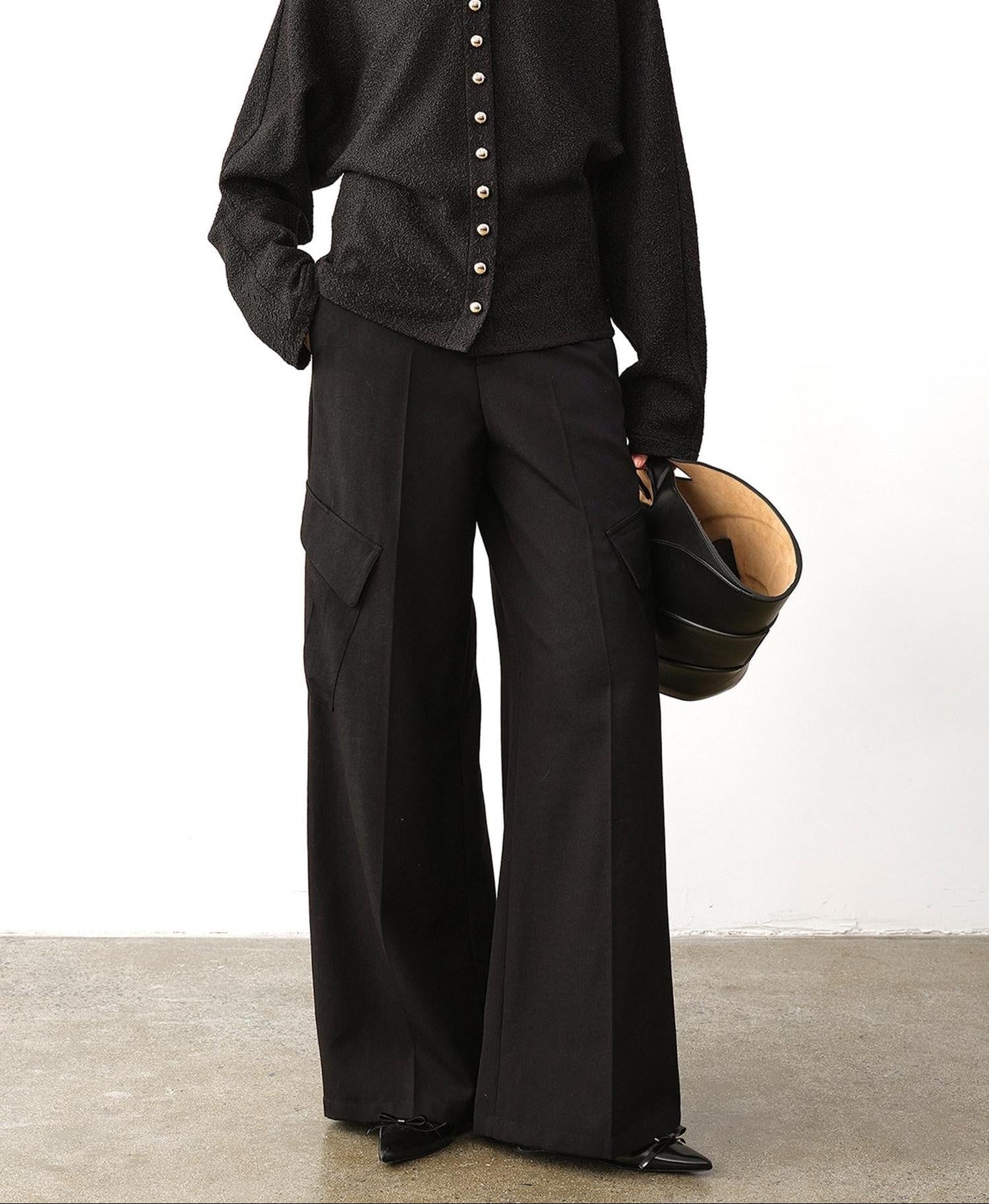 audreyyang High Waist Korean Workwear Black Polyester Viscose Wide Leg Pants