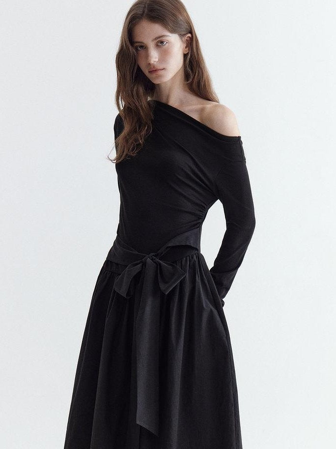 fano Viscose Blend Asymmetric Neck A Line Long Sleeve Workwear Women Maxi Dresses