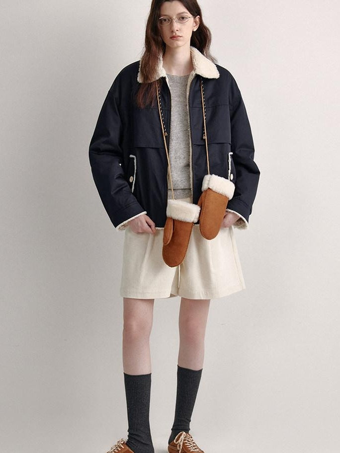 fano Patchwork Cozy Relaxed Loose Fit Commuter Navy Zipper Long Sleeve Puffer Jackets
