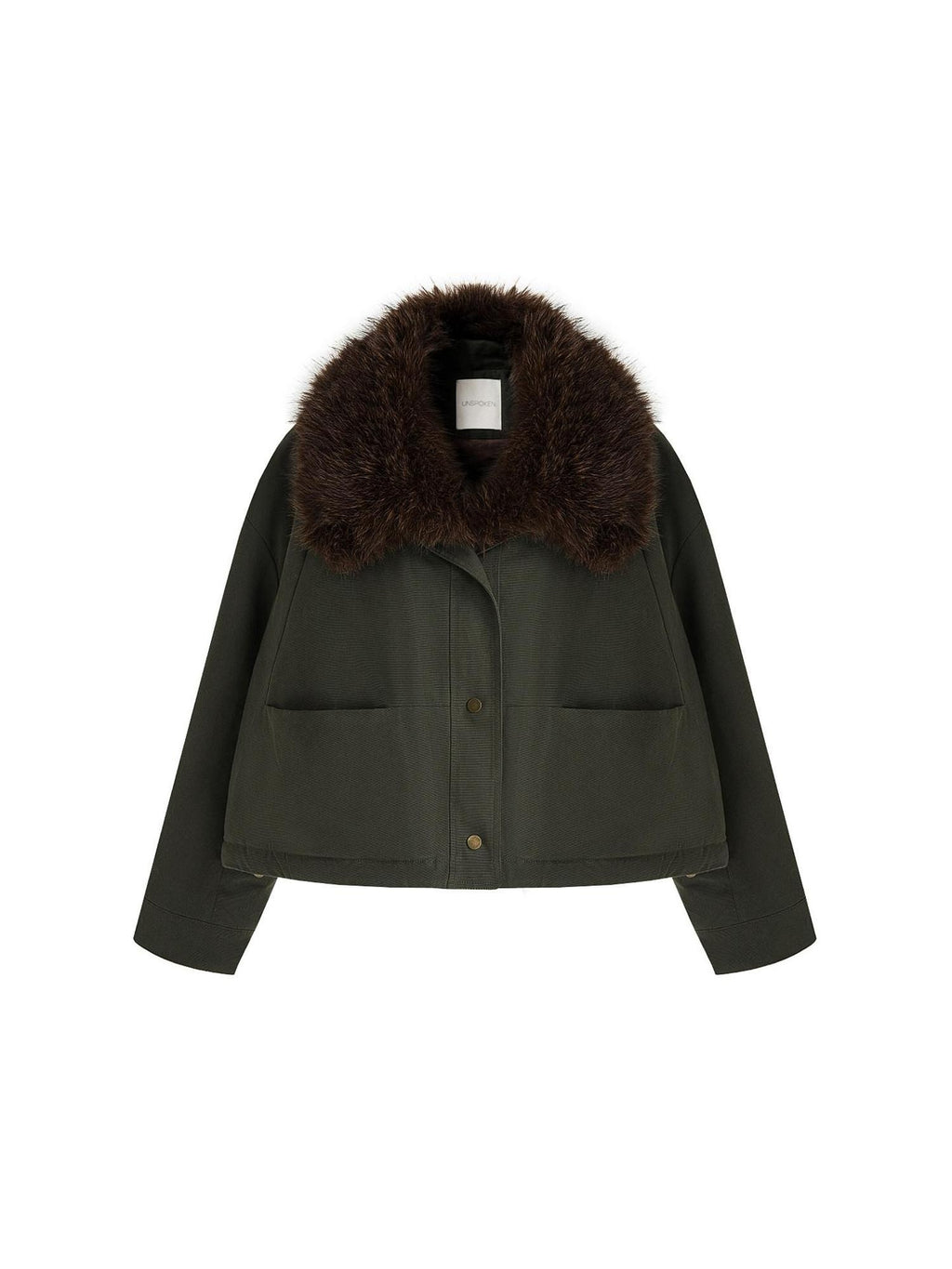 unspoken Fur Collar Short Single Breasted Office Olive Green Long Sleeve Cropped Jackets