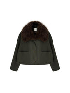 unspoken Fur Collar Short Single Breasted Office Olive Green Long Sleeve Cropped Jackets