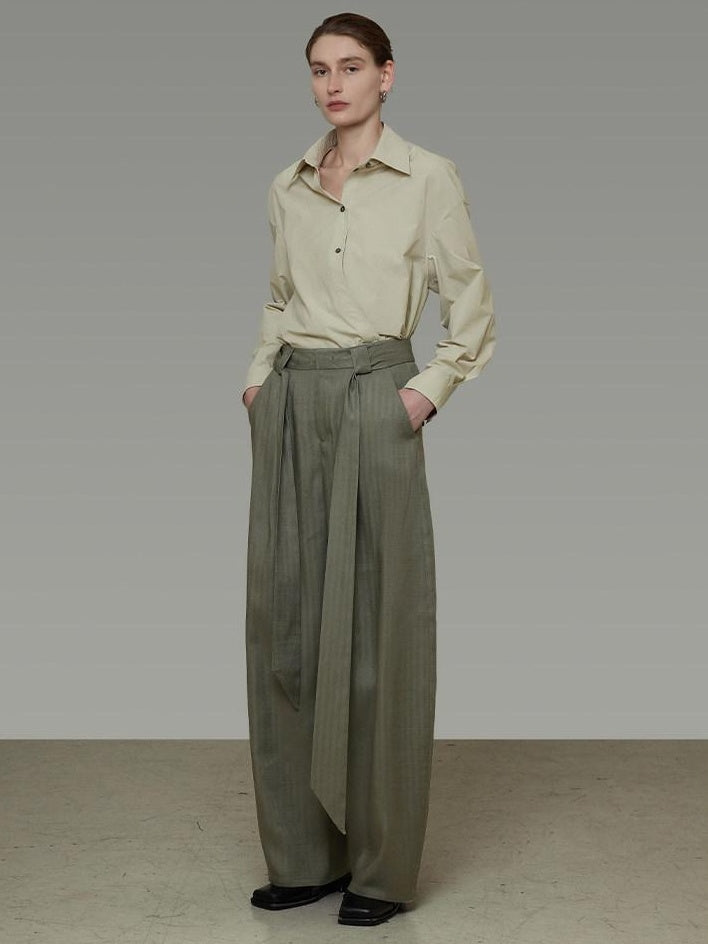 unspoken Sexy High Waist Striped Drawstring Straight Hem Office Breathable Wide Leg Pants