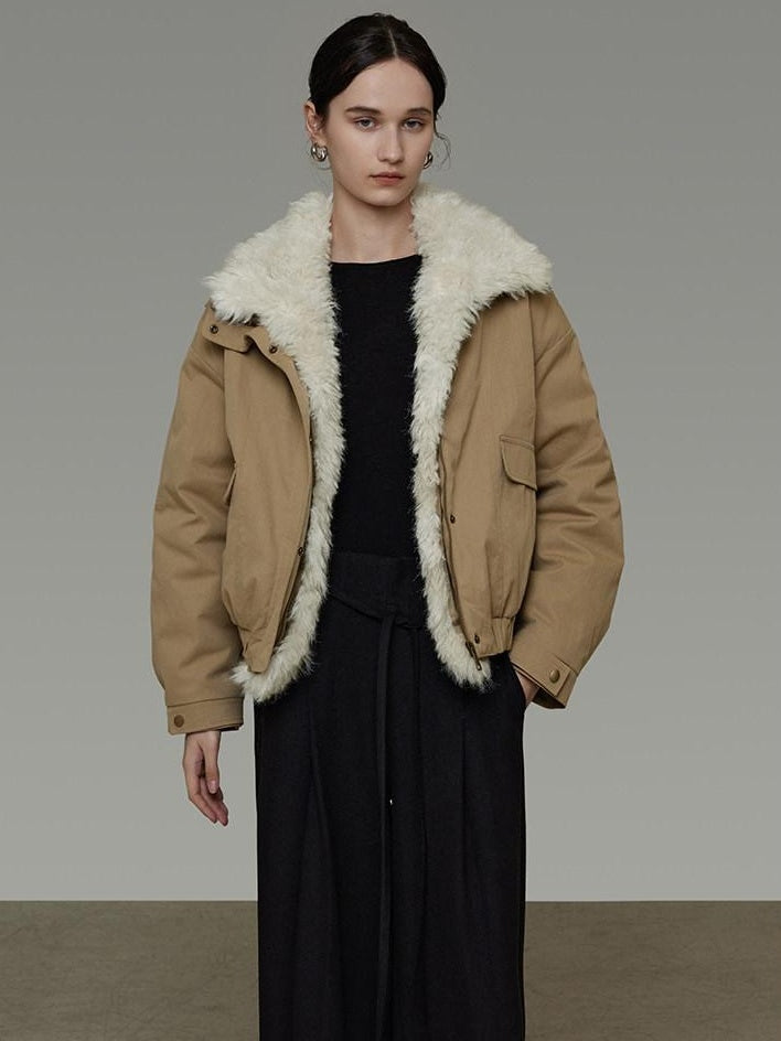 unspoken Thick Cotton Padded Patchwork Cropped Loose Commuter Khaki Puffer Jackets