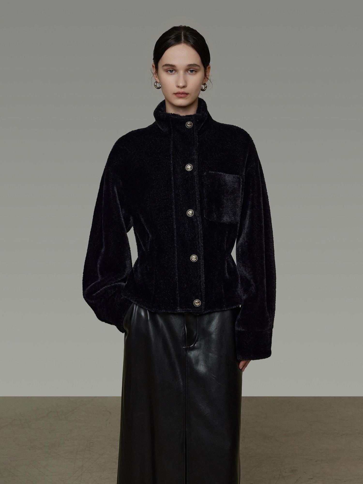 unspoken Thick 3D Tailored Slim Stand Collar Women Black Single Breasted Short Coat