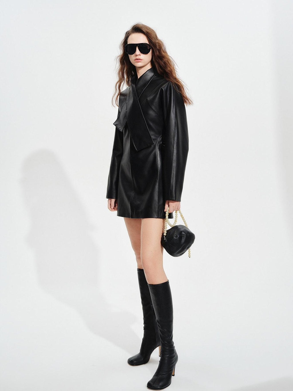 audreyyang Sheepskin Leather Cinched Waist French Tie Neck A Line Work Date Midi Dresses