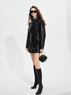 audreyyang Sheepskin Leather Cinched Waist French Tie Neck A Line Work Date Midi Dresses