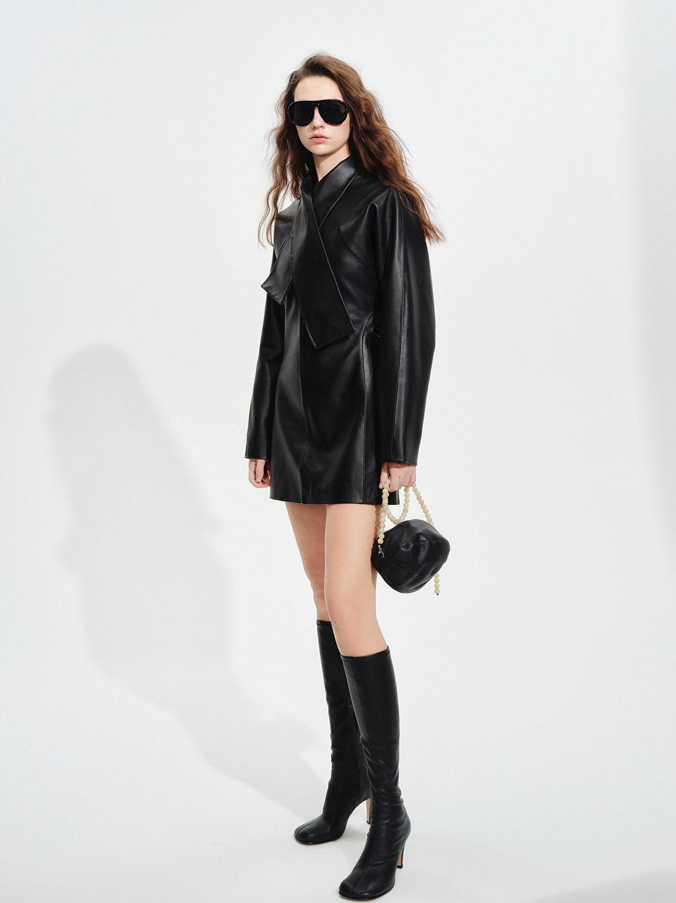 audreyyang Sheepskin Leather Cinched Waist French Tie Neck A Line Work Date Midi Dresses