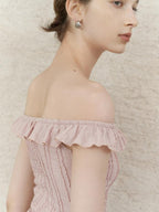 someonesometimes Lace Tie Slim Fit Short Solid Mauve Cream Daily Chic Off Shoulder Crop Tops