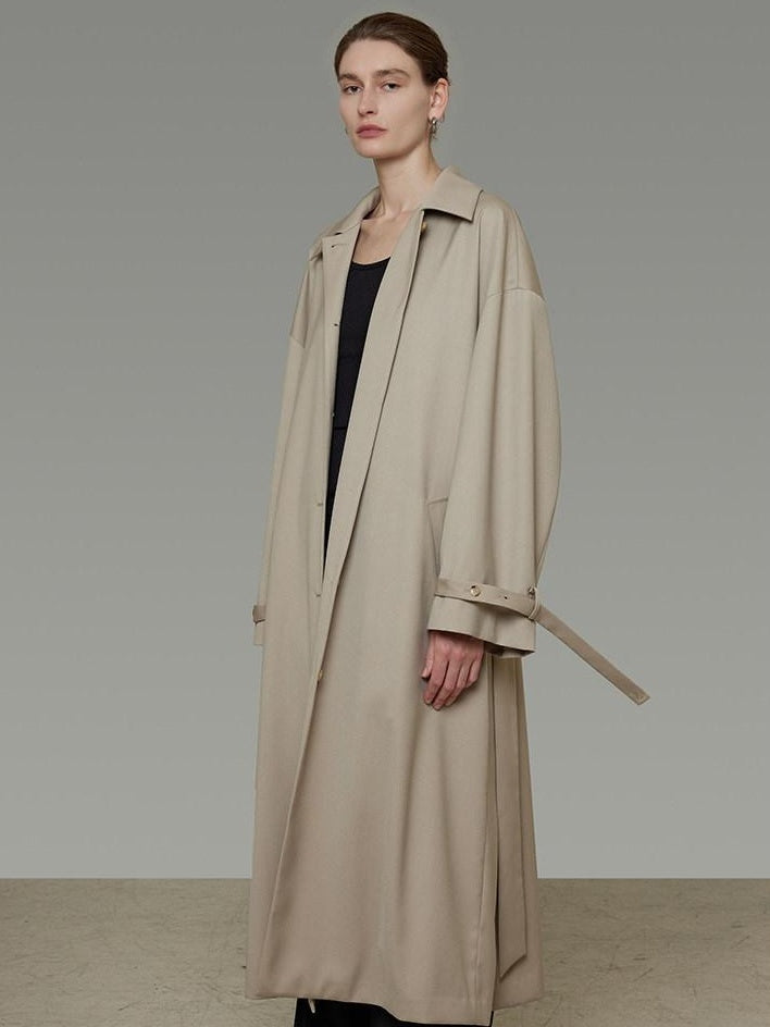 unspoken Minimalist Longline Single Breasted Loose Fit Women Beige Trench Coats