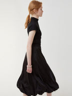 fano High Waist Minimalist Office A Line Short Sleeve Mock Neck Black Midi Dresses