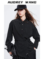 audreyyang Striped Relaxed Lapel Button Long Sleeve Casual Women Polyester Top & Pants Sets