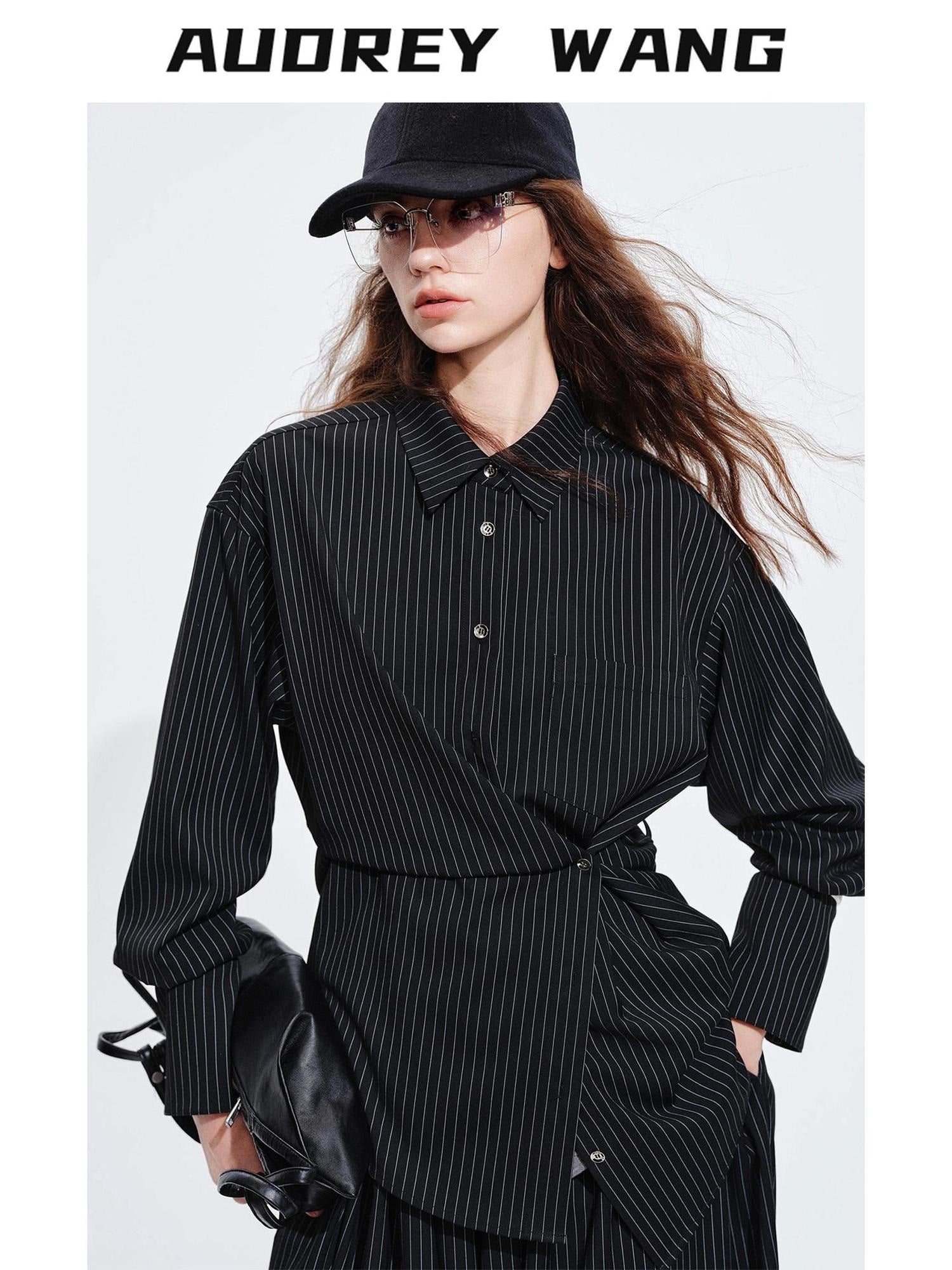 audreyyang Striped Relaxed Lapel Button Long Sleeve Casual Women Polyester Top & Pants Sets