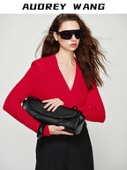 audreyyang Lyocell Wool Stretch Knit Slim Fit V-neck Womens Red Long Sleeve T-Shirts