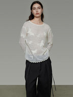 unspoken Breathable Knit Minimalist Relaxed Fit Butterfly Round Neck White Blouses